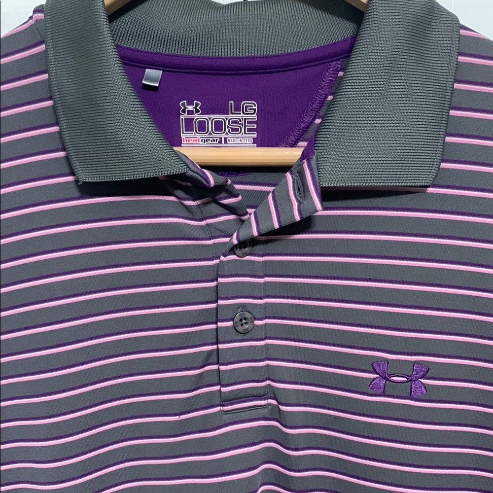 Under Armour Purple and Gray Stripe Polo Shirt Sporty Design